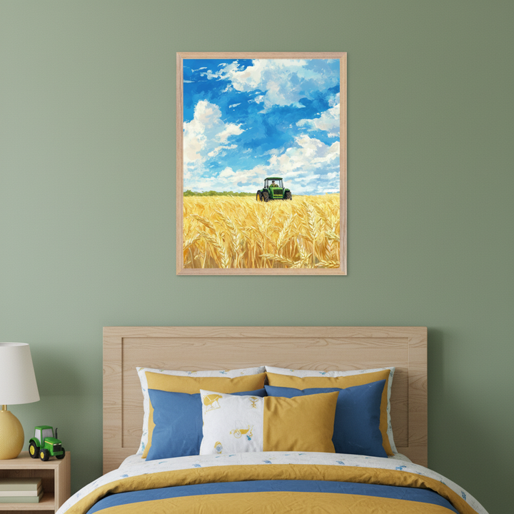 Kid's bedroom with a wooden bed, blue and yellow bedding, and a light wood nightstand holding a lamp and toy tractor. Centered above the bed, a framed painting depicts a green tractor in a golden wheat field under a blue sky with white clouds.
