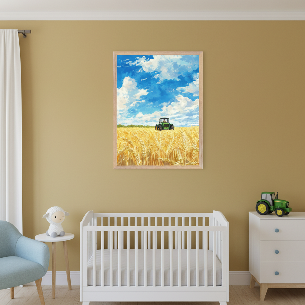 Modern nursery with a white crib, light blue armchair, and white dresser. A framed painting of a green tractor in a golden wheat field under a blue, cloudy sky hangs above the crib and dresser.