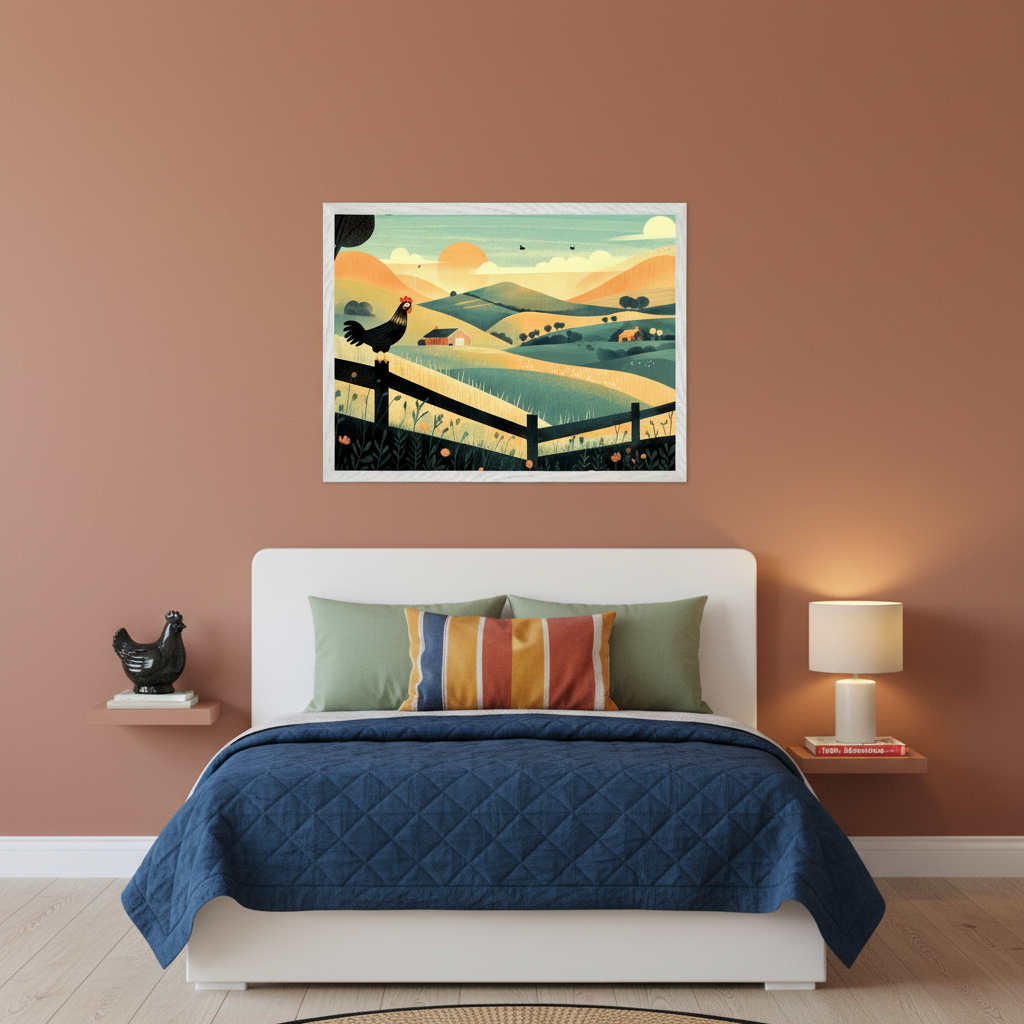 Modern bedroom with a white bed, blue comforter, and green/striped pillows. A large framed stylized farm landscape illustration featuring a rooster on a fence, hills, and a barn hangs centered above the bed. A chicken statue and lamp are on side shelves.