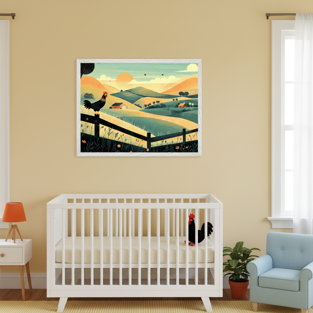 Modern nursery with a white crib containing a black rooster toy. Above the crib hangs a large framed artwork depicting a stylized farm landscape with green hills, a fence, and a black rooster. A white side table with an orange lamp is left, and a blue armchair is right.