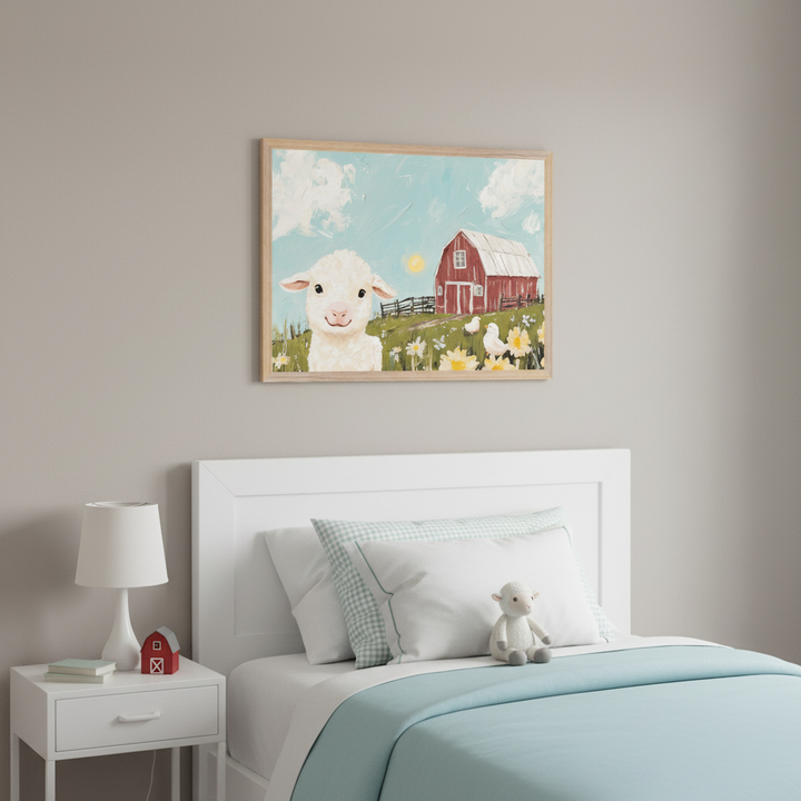 Kid's bedroom with a white bed, headboard, and nightstand. A framed children's painting of a smiling lamb in a field of flowers with a red barn, sun, and chickens hangs above the bed.