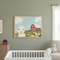 Modern nursery with a white crib in the foreground. A large framed painting of a whimsical white lamb in a field with yellow flowers, a red barn, and a sunny blue sky hangs centrally on the green wall above a wood dresser. A cream armchair with a sheep plush is on the right.