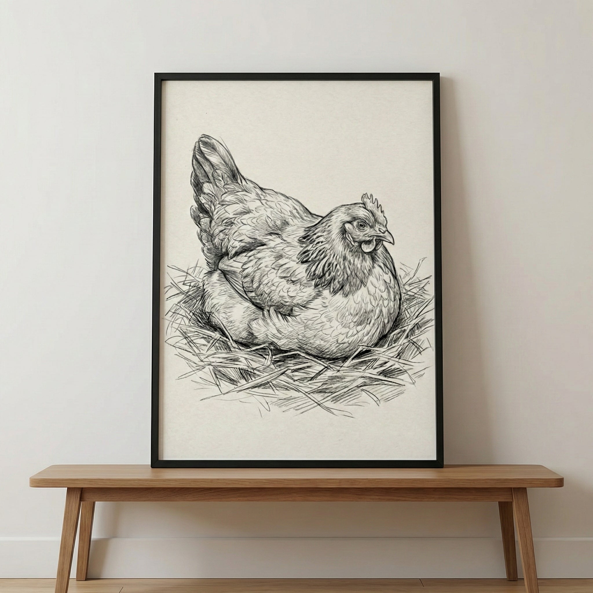 A vertical black-framed sketch of a hen sitting in a bed of hay. The artwork is resting on a simple wooden bench against a plain, light-colored wall.