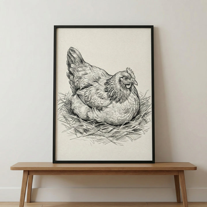 A vertical black-framed sketch of a hen sitting in a bed of hay. The artwork is resting on a simple wooden bench against a plain, light-colored wall.
