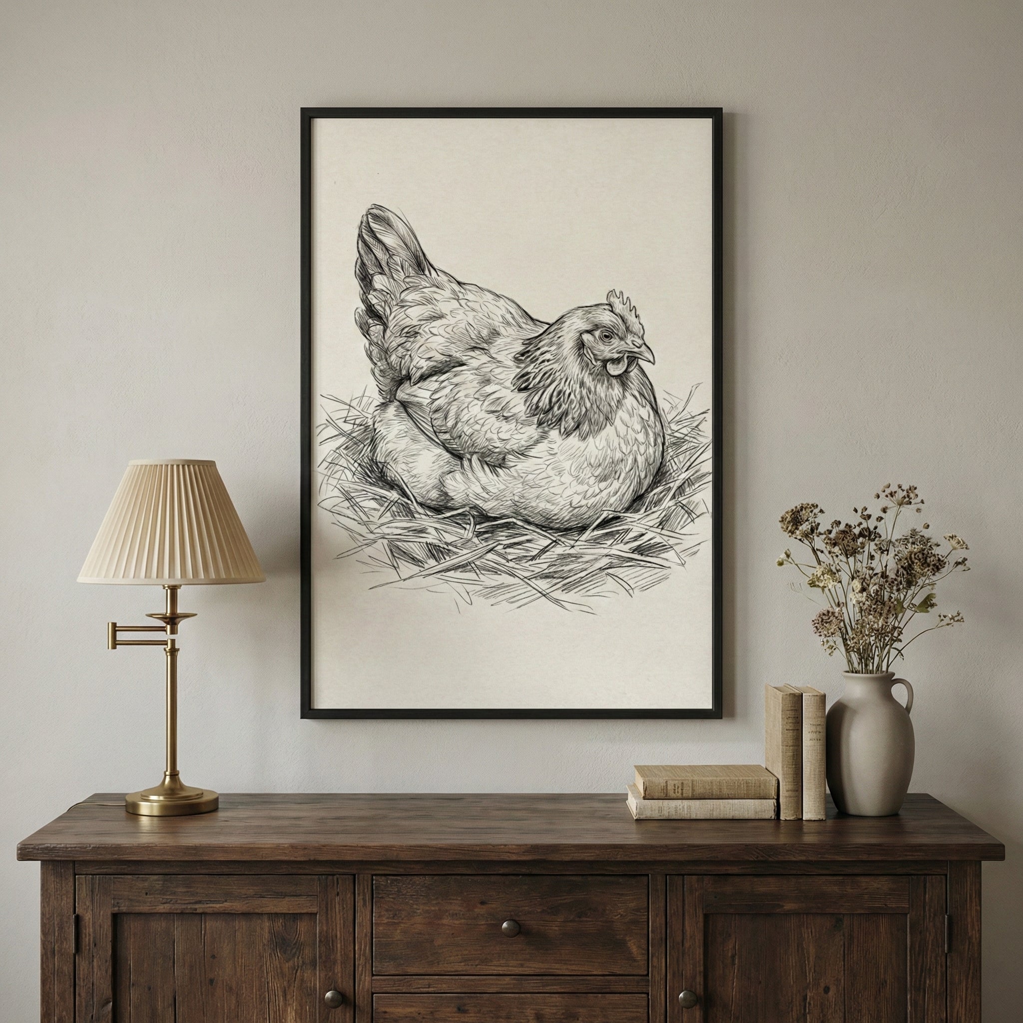 A framed black and white sketch of a hen sitting in a nest of straw is displayed on a neutral-toned wall. Below the frame, a dark wooden sideboard holds a vintage-style brass lamp with a pleated cream lampshade, a stack of old books, and a light gray vase containing dried floral sprigs. The scene has a rustic and warm interior design aesthetic.