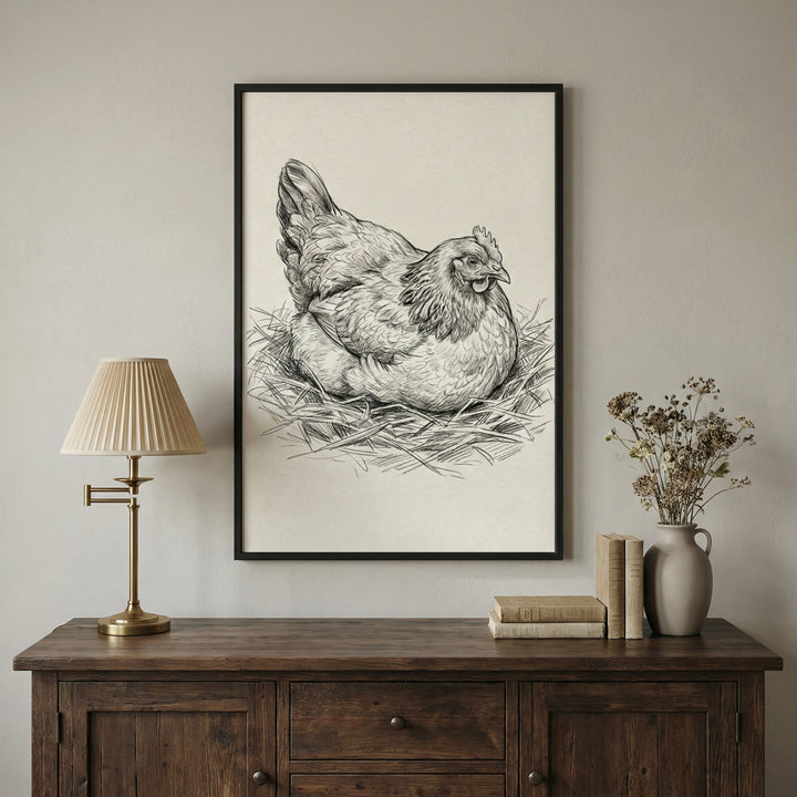 A framed black and white sketch of a hen sitting in a nest of straw is displayed on a neutral-toned wall. Below the frame, a dark wooden sideboard holds a vintage-style brass lamp with a pleated cream lampshade, a stack of old books, and a light gray vase containing dried floral sprigs. The scene has a rustic and warm interior design aesthetic.