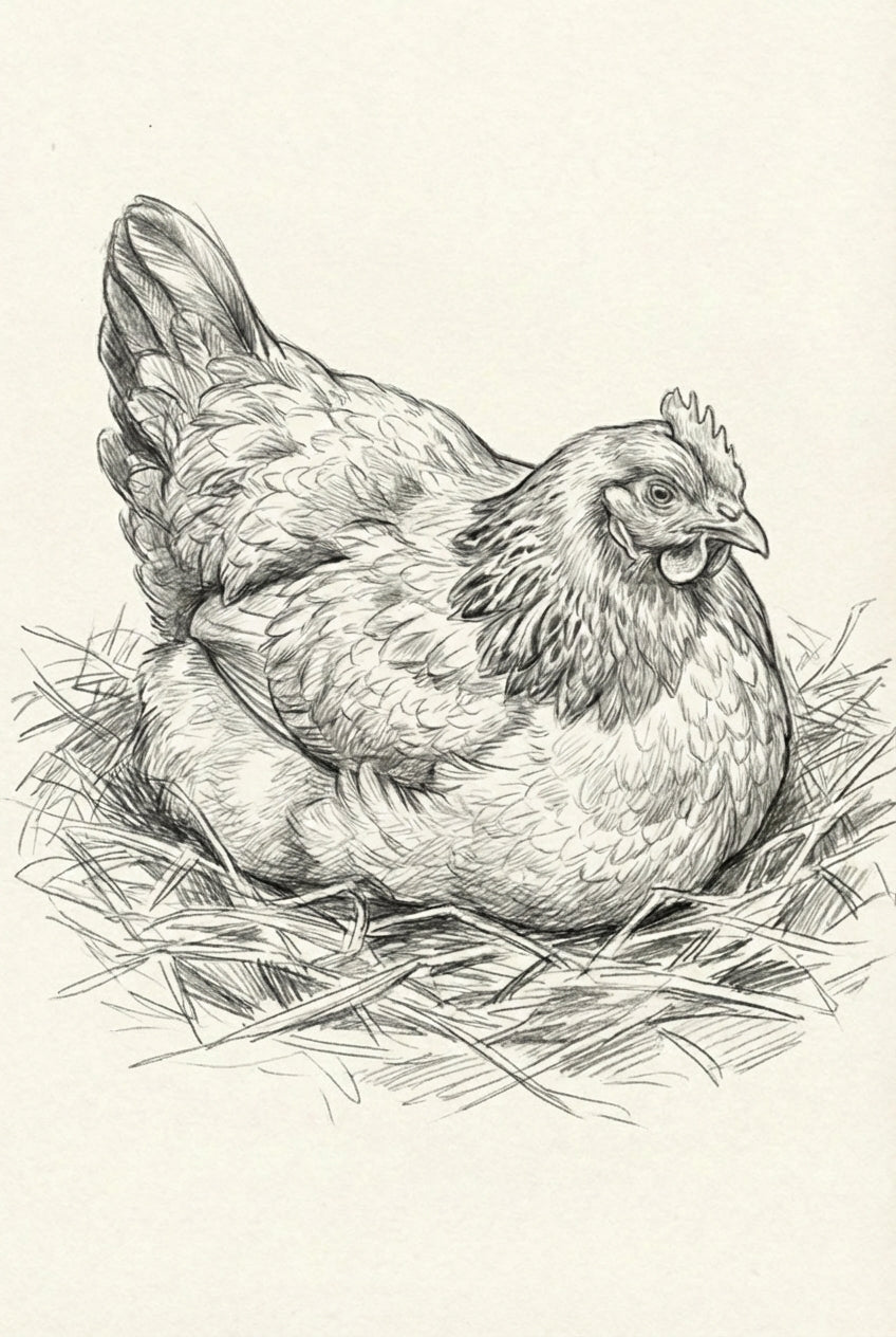 Detailed pencil drawing of a plump hen sitting contentedly on a nest made of straw, with feathers softly layered and head slightly turned.

