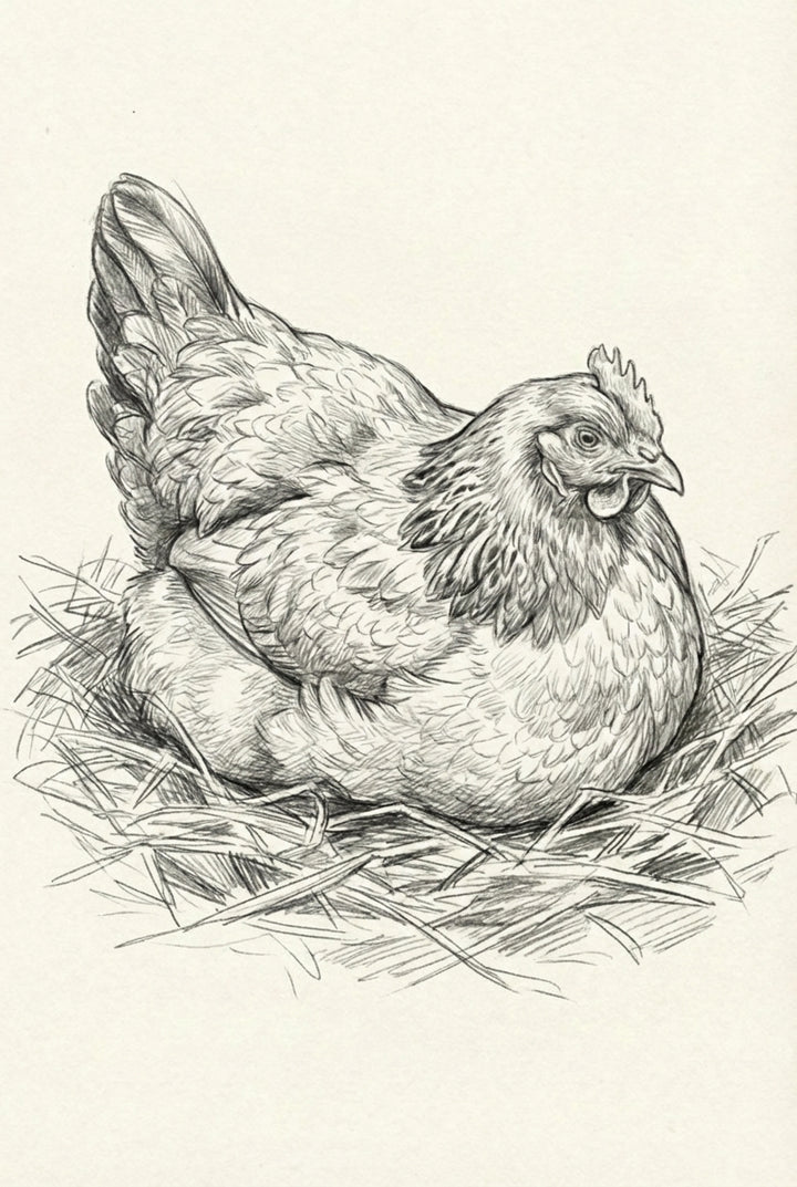 Detailed pencil drawing of a plump hen sitting contentedly on a nest made of straw, with feathers softly layered and head slightly turned.

