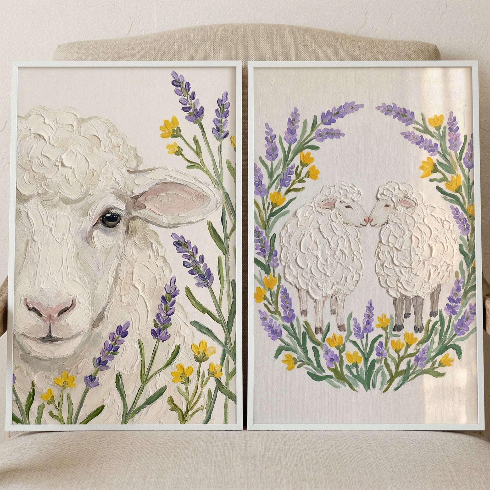 Farmhouse Lavender White Sheep Wall Art Set of 2 - Sweet Lavender Lambs