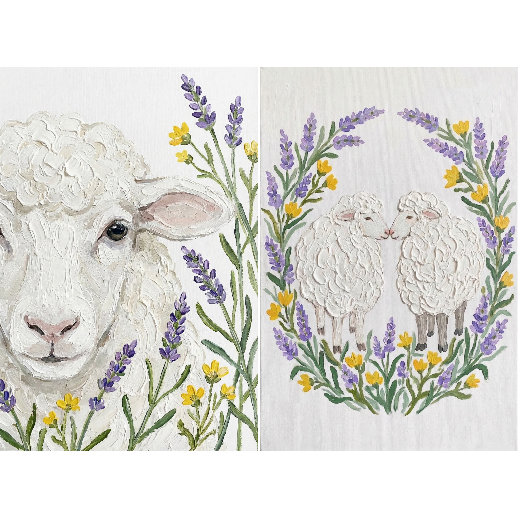 Farmhouse Lavender White Sheep Wall Art Set of 2 - Sweet Lavender Lambs