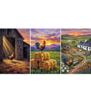 Three colorful farmhouse style paintings featuring roosters in a countryside setting at sunrise. Scenes show a rooster standing in a barn doorway, perched on hay bales in a meadow with mountains, and walking along a flower lined path near a cottage and farm animals.