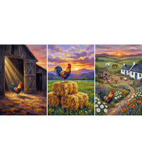 Three colorful farmhouse style paintings featuring roosters in a countryside setting at sunrise. Scenes show a rooster standing in a barn doorway, perched on hay bales in a meadow with mountains, and walking along a flower lined path near a cottage and farm animals.
