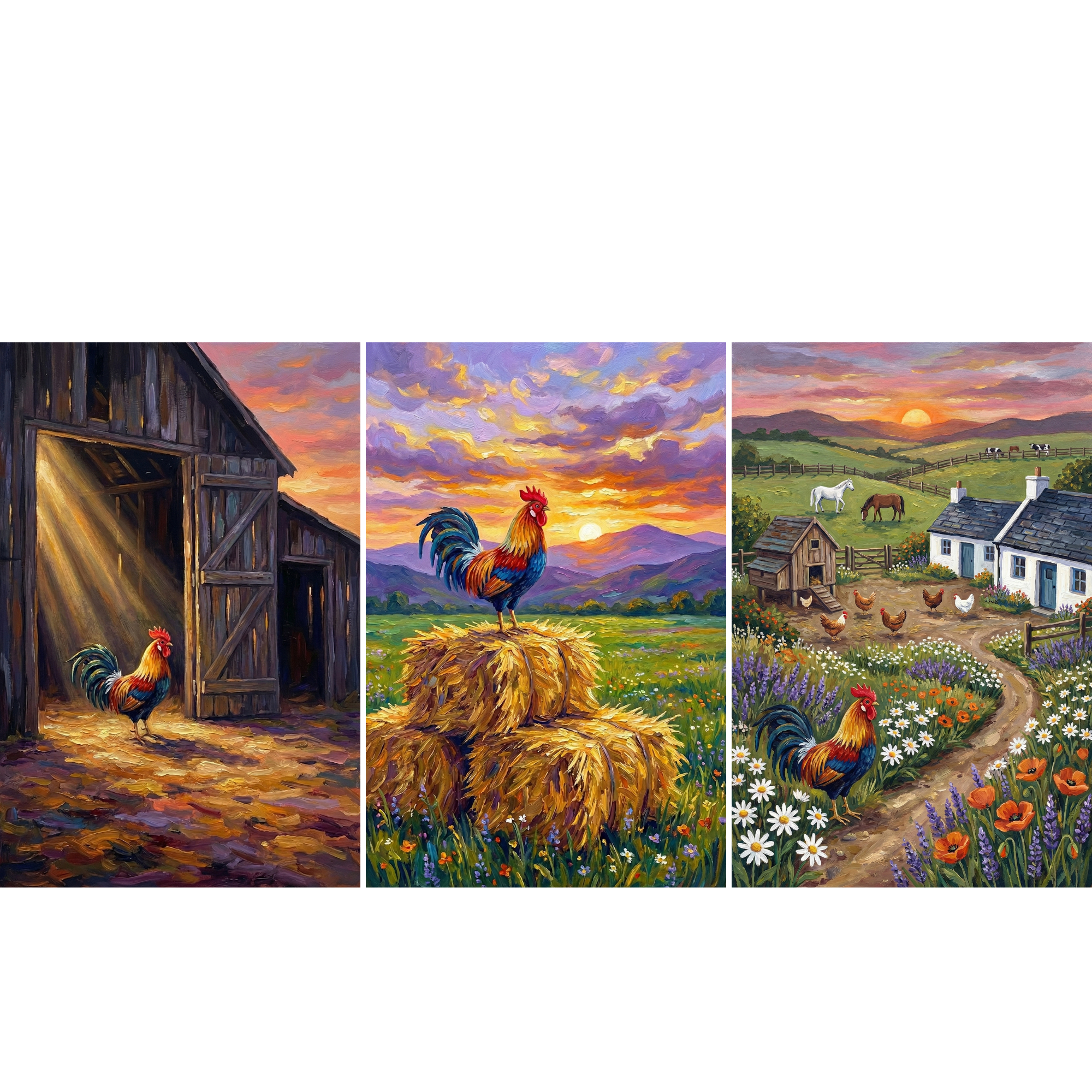 Three colorful farmhouse style paintings featuring roosters in a countryside setting at sunrise. Scenes show a rooster standing in a barn doorway, perched on hay bales in a meadow with mountains, and walking along a flower lined path near a cottage and farm animals.
