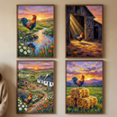 Four framed artworks hang on a wall, each depicting a vibrant rooster in a rural setting. In the top-left, a rooster stands by a stream with wildflowers. The top-right shows one in a barn doorway with sunbeams. The bottom-left features a rooster near a farmhouse and grazing horses. In the bottom-right, a rooster sits on hay bales in a meadow. Each scene is rendered with colorful, expressive brushstrokes under a sunset sky.