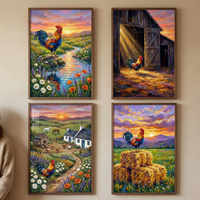Four framed artworks hang on a wall, each depicting a vibrant rooster in a rural setting. In the top-left, a rooster stands by a stream with wildflowers. The top-right shows one in a barn doorway with sunbeams. The bottom-left features a rooster near a farmhouse and grazing horses. In the bottom-right, a rooster sits on hay bales in a meadow. Each scene is rendered with colorful, expressive brushstrokes under a sunset sky.