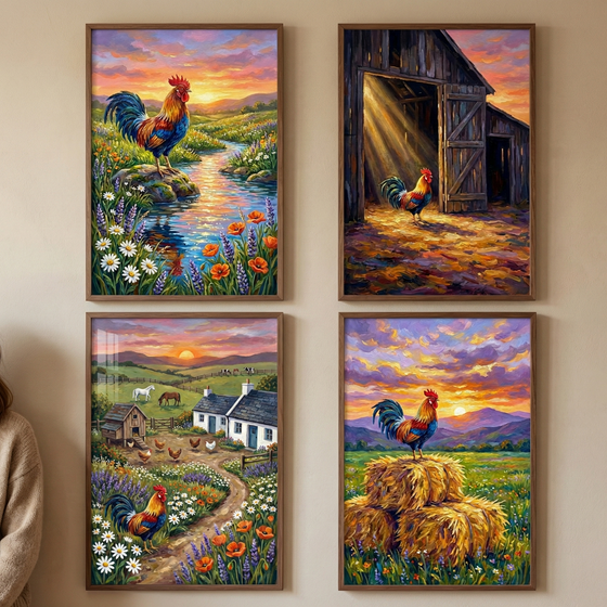 Four framed artworks hang on a wall, each depicting a vibrant rooster in a rural setting. In the top-left, a rooster stands by a stream with wildflowers. The top-right shows one in a barn doorway with sunbeams. The bottom-left features a rooster near a farmhouse and grazing horses. In the bottom-right, a rooster sits on hay bales in a meadow. Each scene is rendered with colorful, expressive brushstrokes under a sunset sky.