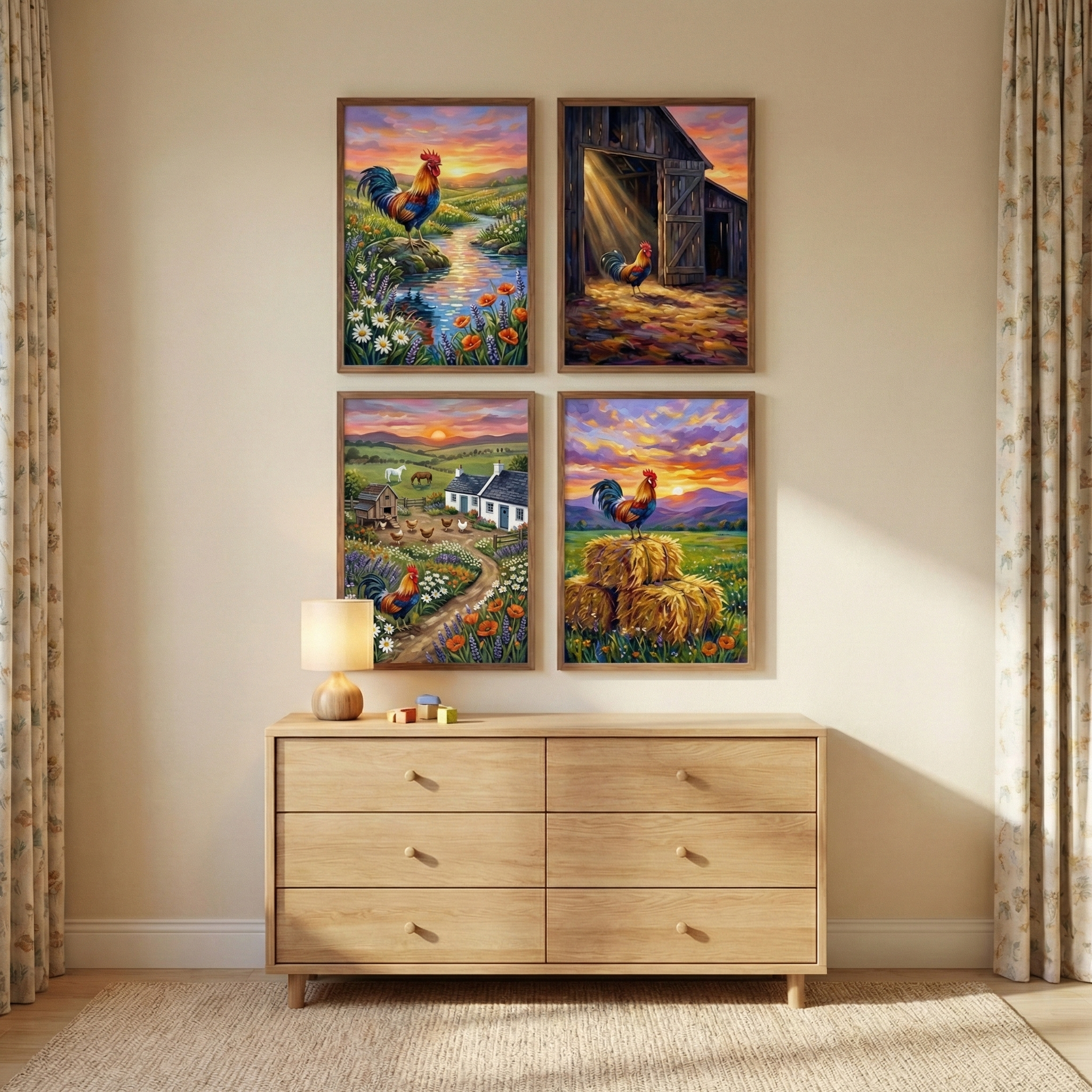 Farmhouse Rooster Nursery Wall Art Set of 4 - Majestic Farm Roosters