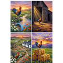 Farmhouse wall art set featuring four vibrant sunset paintings centered around a colorful rooster in charming countryside scenes. The collection includes the rooster standing on a rock beside a sparkling stream surrounded by daisies and poppies, basking in golden light inside a rustic barn doorway, wandering near a cozy cottage and chicken coop with rolling hills and horses in the distance, and perched proudly on stacked hay bales beneath a glowing mountain sunset. 