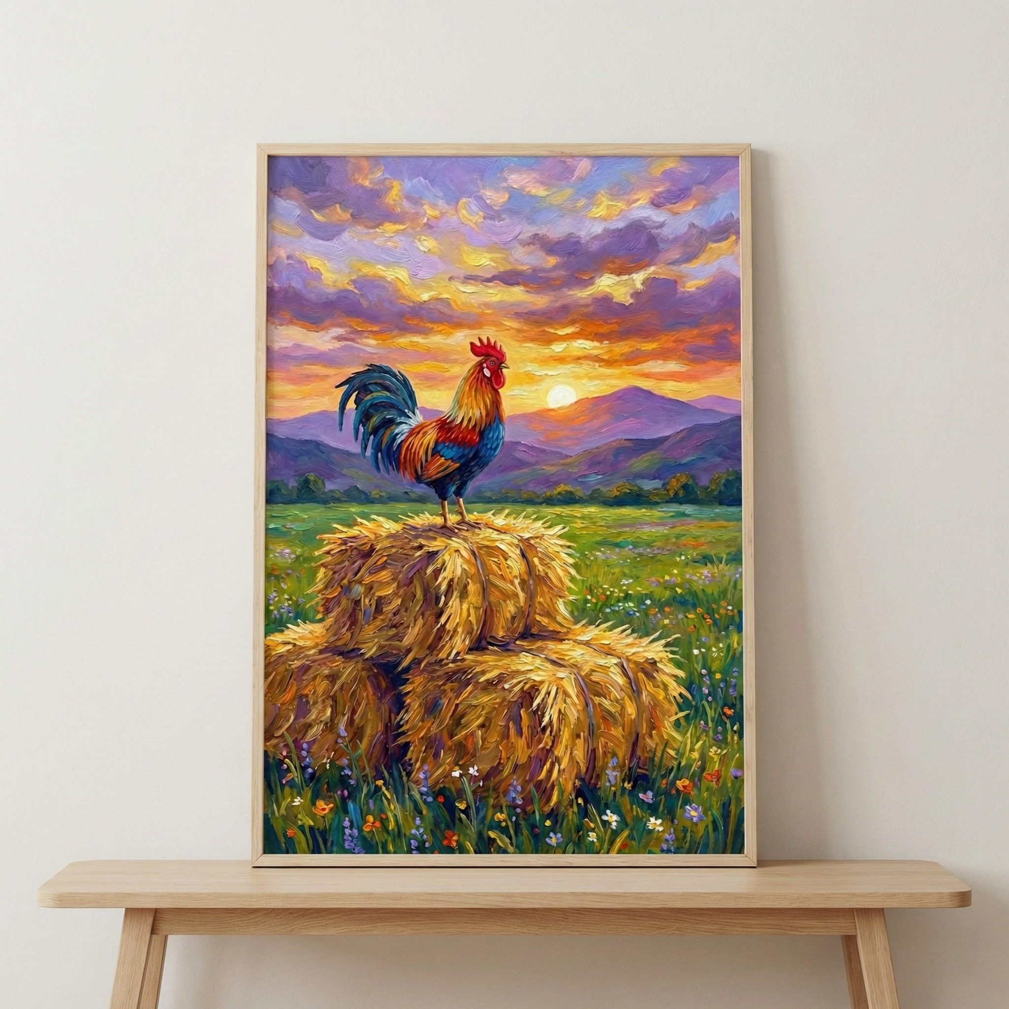 A vertical framed impressionistic artwork shows a vibrant rooster perched atop three hay bales in a rural landscape. The rooster features a bright red comb and colorful plumage in shades of blue, orange, and gold. The scene is set at sunset, with a glowing sun dipping behind distant purple mountains under a sky of expressive lavender and orange clouds. In the foreground, a lush green meadow is dotted with tiny wildflowers. The framed piece leans against a neutral wall on a wooden table.