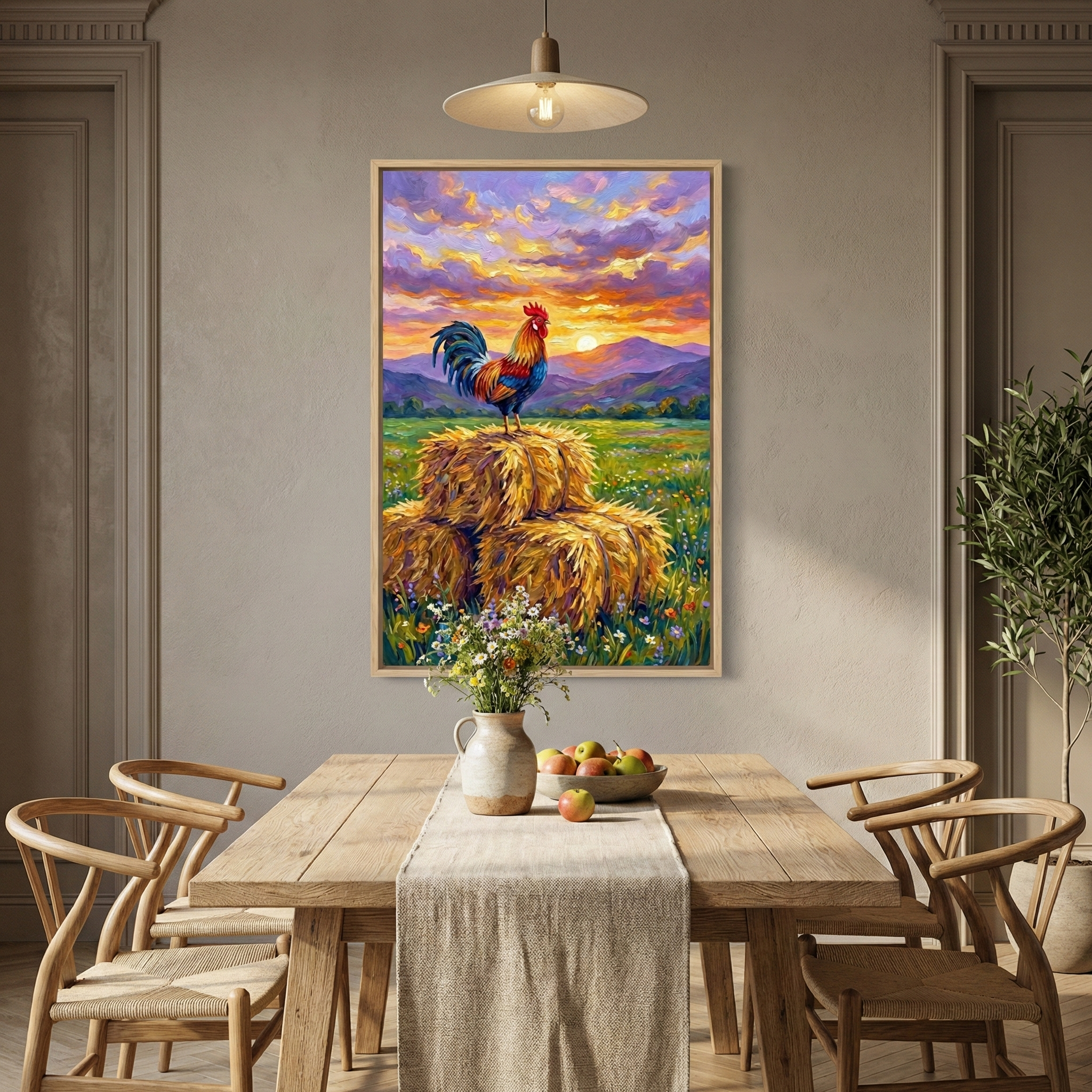 A vertical artwork hangs in a minimalist dining room, depicting a vibrant rooster atop a stack of hay bales in a meadow. The background shows distant mountains and a colorful sunrise sky with purple and orange clouds. Below, a light wood dining table with a linen runner holds a vase of flowers and a bowl of apples. Several wooden chairs with woven seats surround the table. A modern pendant lamp hangs above, and a potted plant sits in the corner. The room has neutral-toned walls and warm lighting.