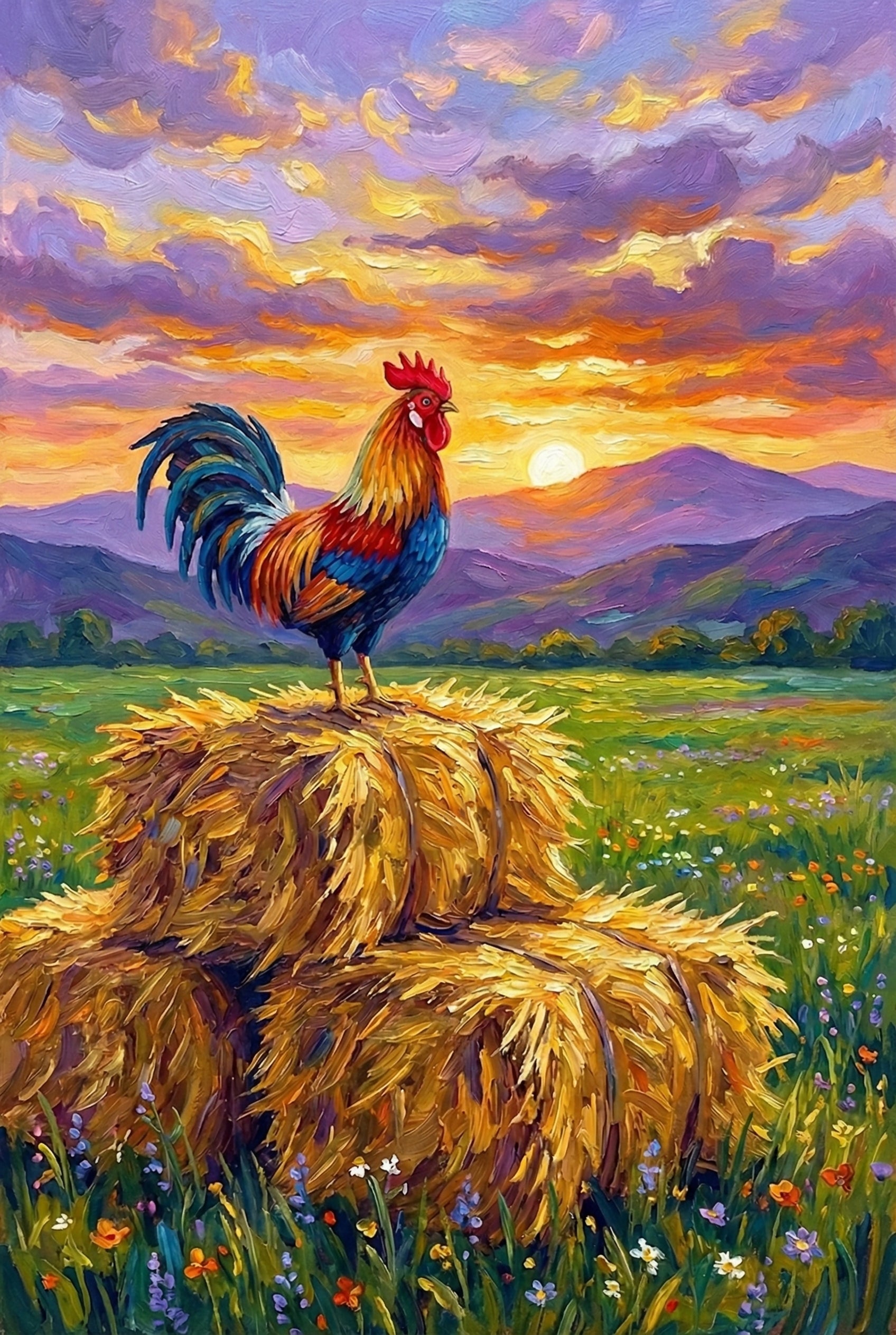 A vibrant, multi-colored rooster stands proudly atop a stack of golden hay bales in a meadow. The scene features an expressive, textured style with thick, visible strokes. In the foreground, small white, blue, and orange wildflowers are scattered among the green grass. The background reveals rolling purple mountains beneath a dramatic sunset sky filled with swirling clouds in shades of lavender, gold, and crimson. A bright sun sits low on the horizon, casting a warm glow over the entire rural landscape.