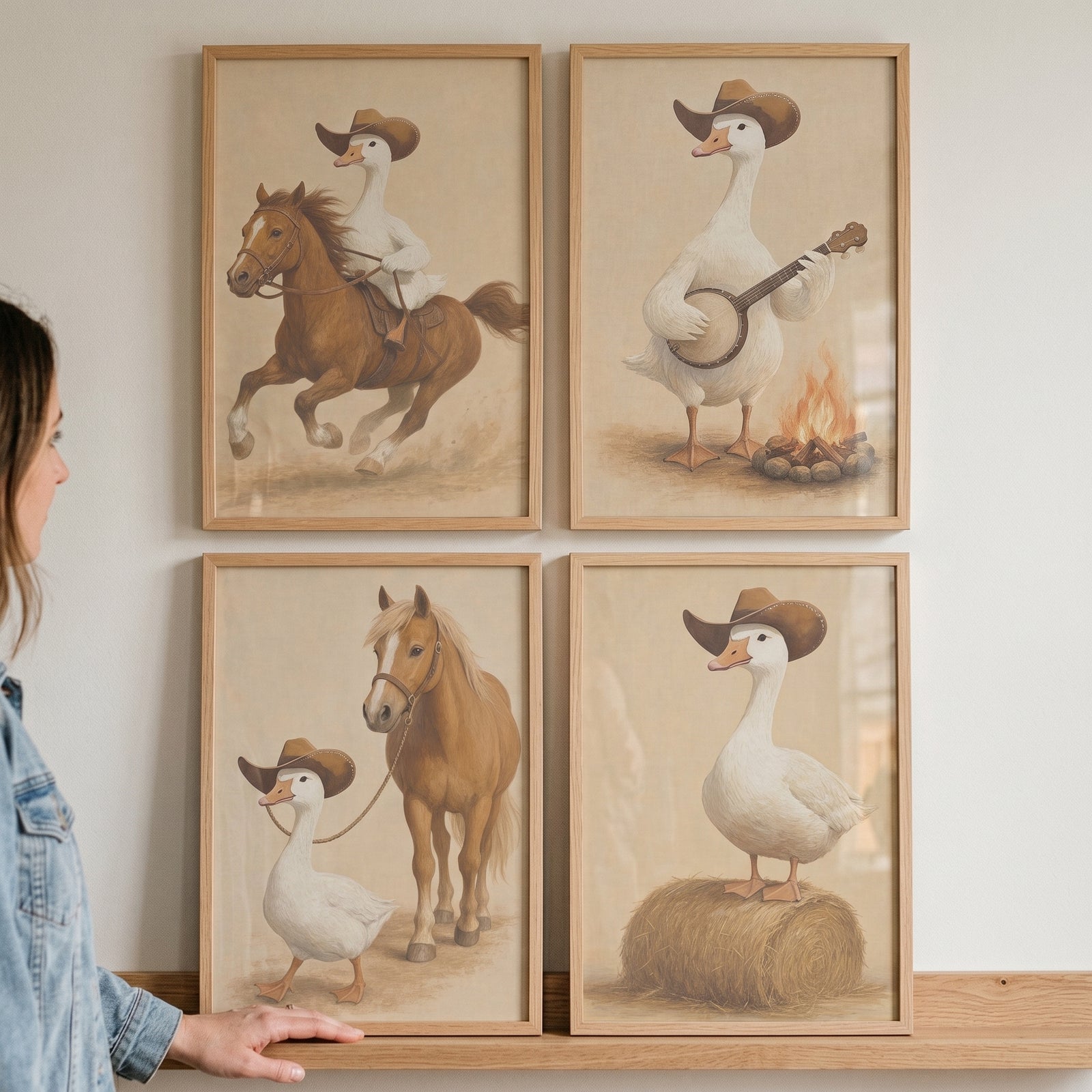 Farmhouse rustic cowboy goose wall art set of 4 shows a goose riding a horse, playing banjo, and standing on a hay bale.