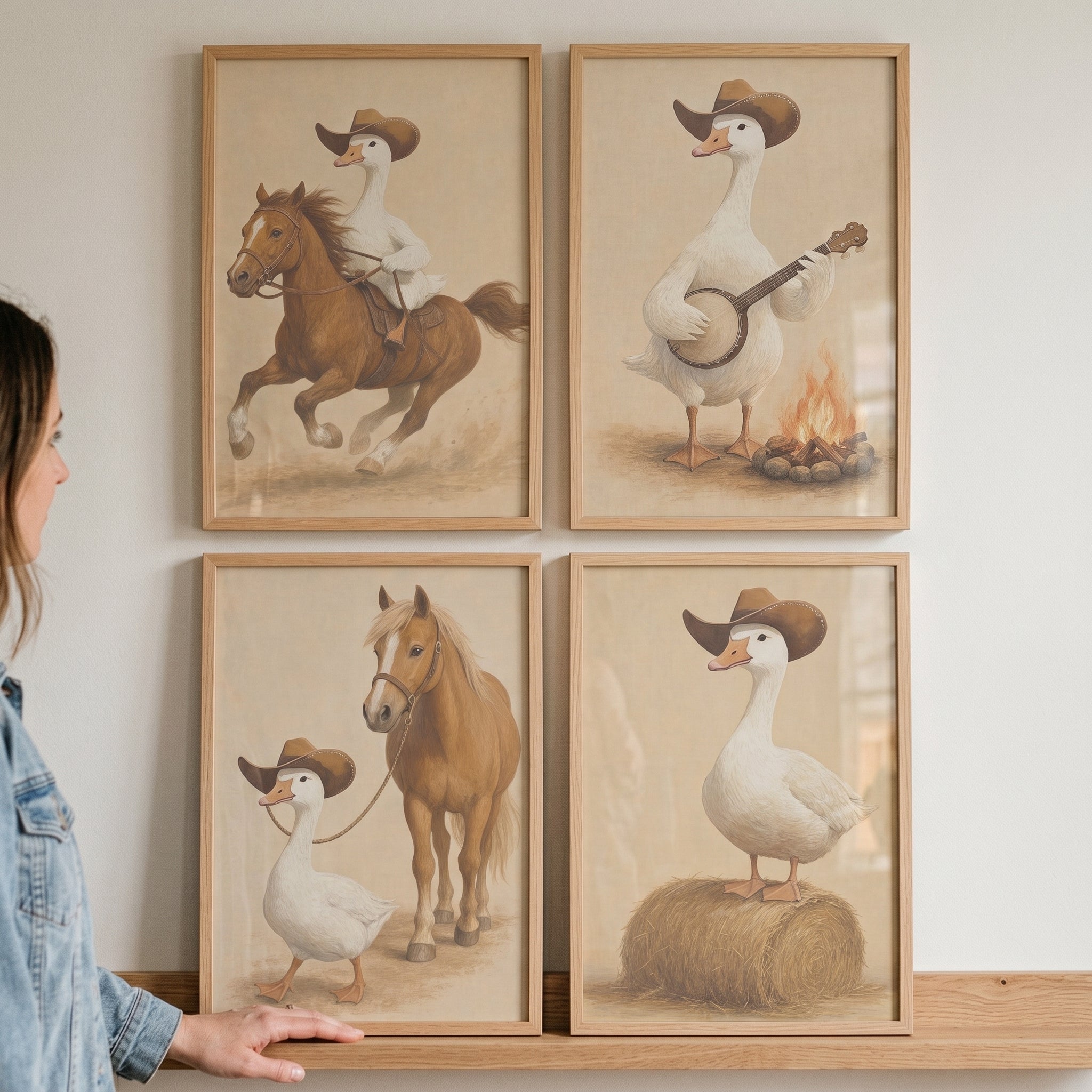 Farmhouse Rustic Cowboy Goose Wall Art Set of 4 - Rustic Cowboy Goose