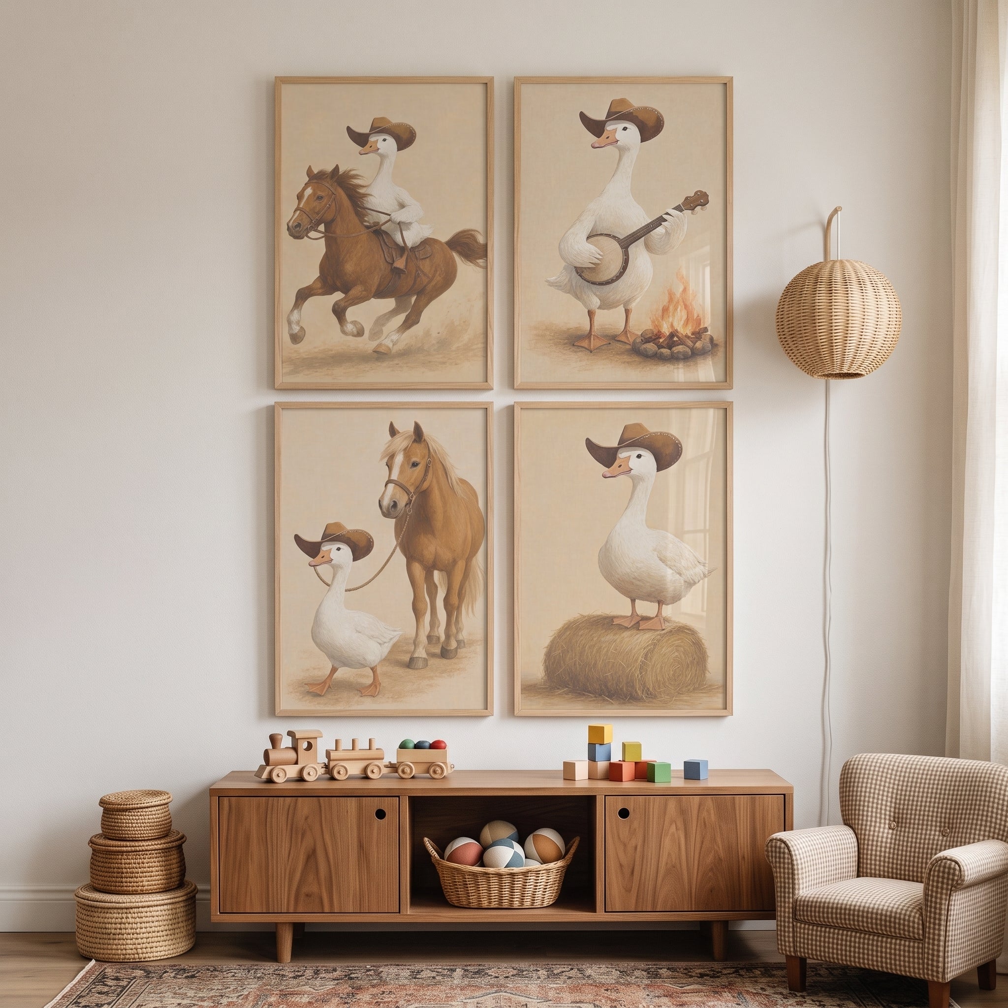 Farmhouse Rustic Cowboy Goose Wall Art Set of 4 - Rustic Cowboy Goose