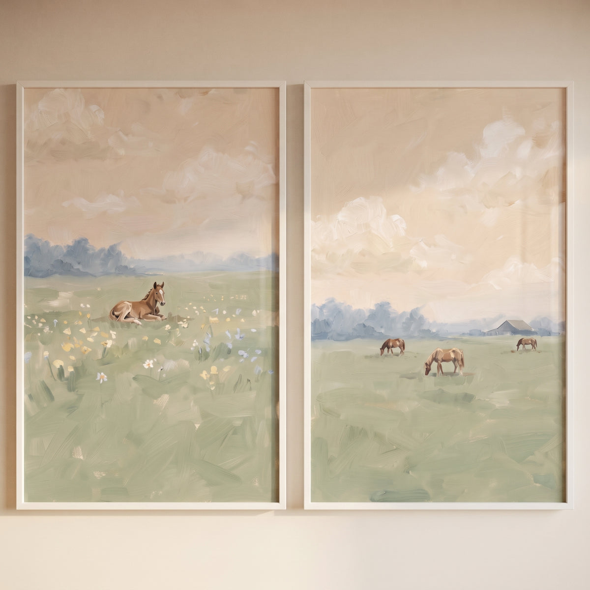 Farmhouse sage meadow horse wall art set of 2 with a horse in flowers and others grazing by a barn under beige skies.