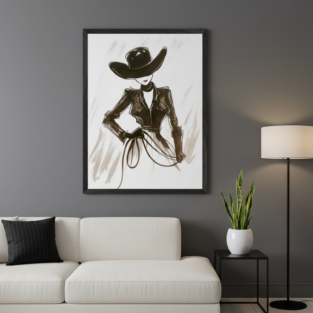 Modern living room with a cream sectional sofa and black throw pillow. A framed fashion illustration of a woman in a wide-brimmed hat, jacket, and holding a whip hangs above the sofa. A floor lamp and snake plant on a side table are to the right.