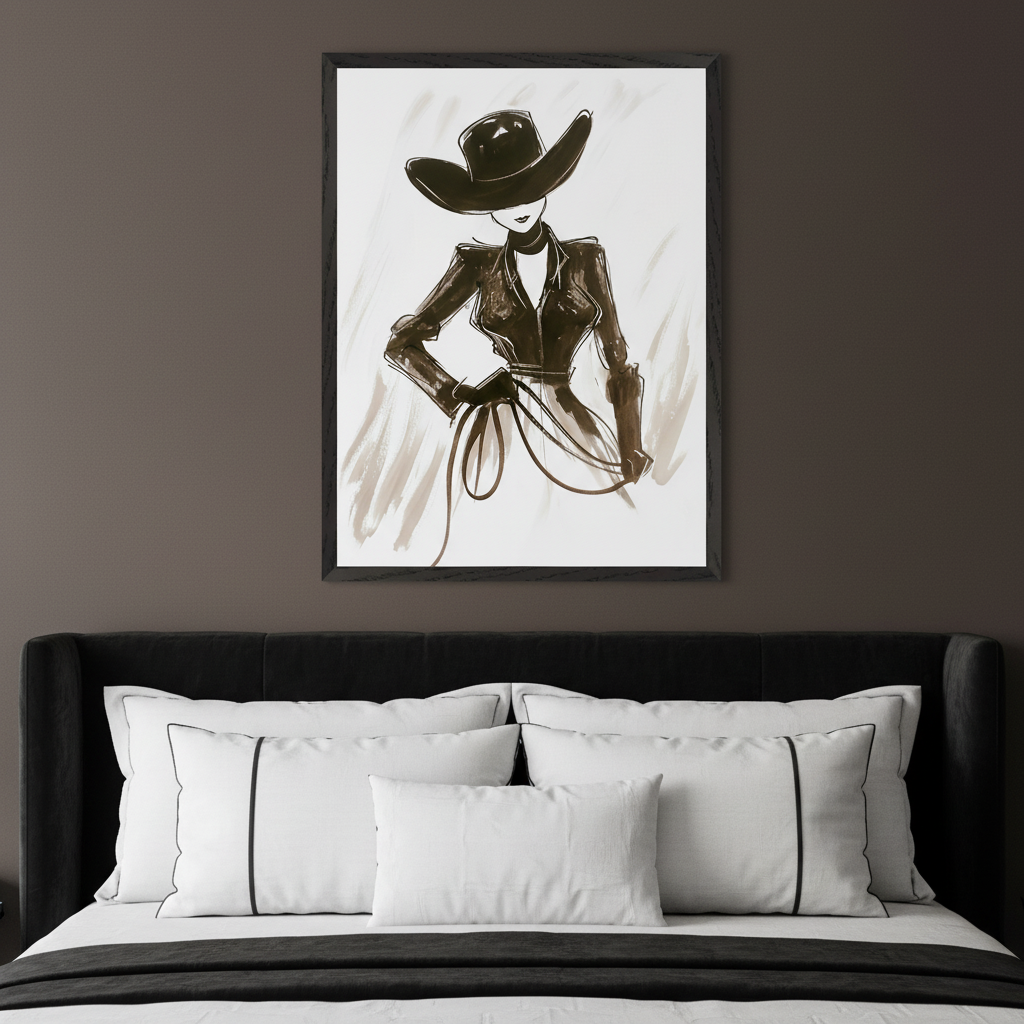 Modern bedroom with a black upholstered bed and white pillows. A framed fashion illustration of a woman in a wide-brimmed hat and black jacket, holding ropes, hangs above the bed on a dark brown wall.