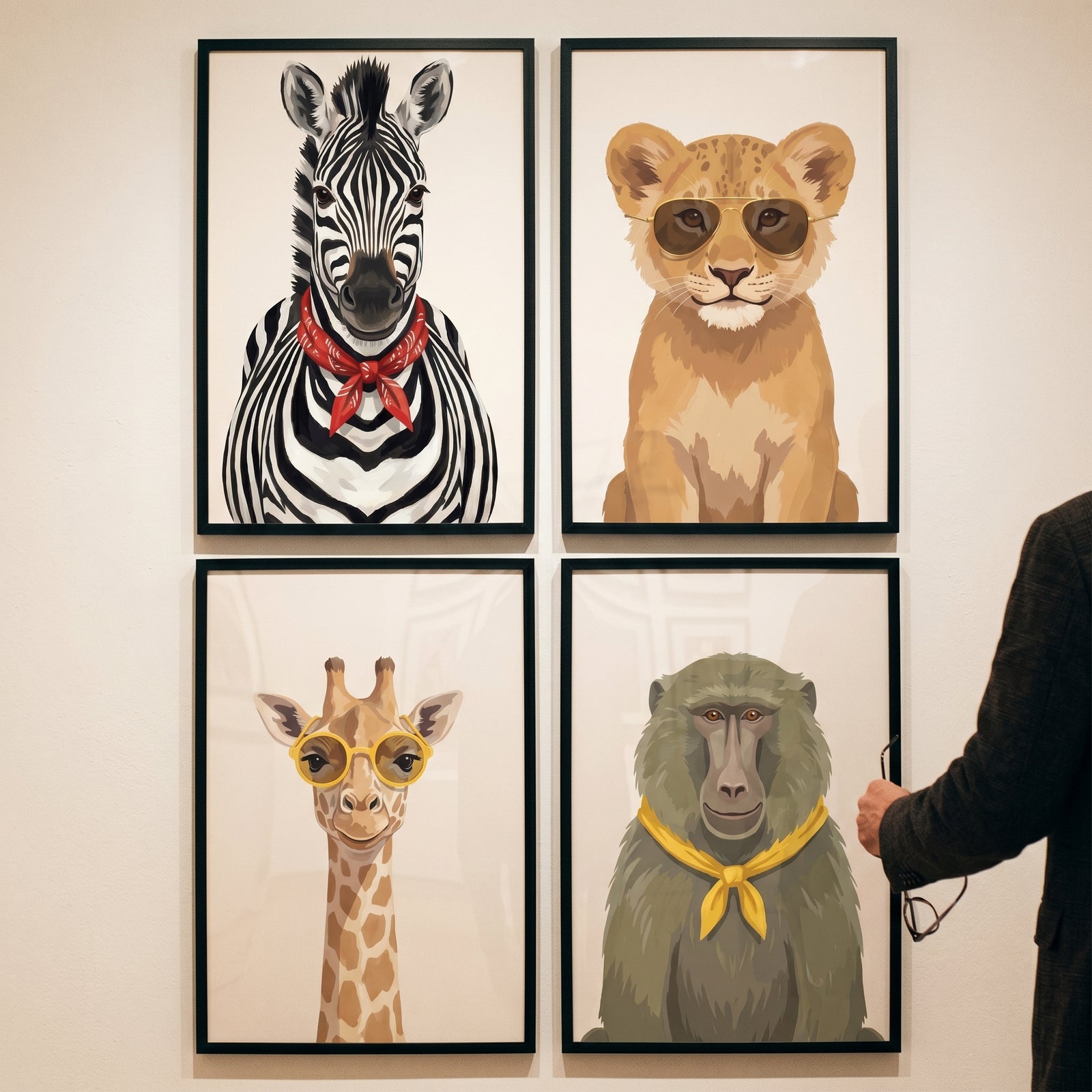 Fashionable safari animals wall art set of 4 featuring a zebra, lion, giraffe, and baboon wearing stylish accessories.