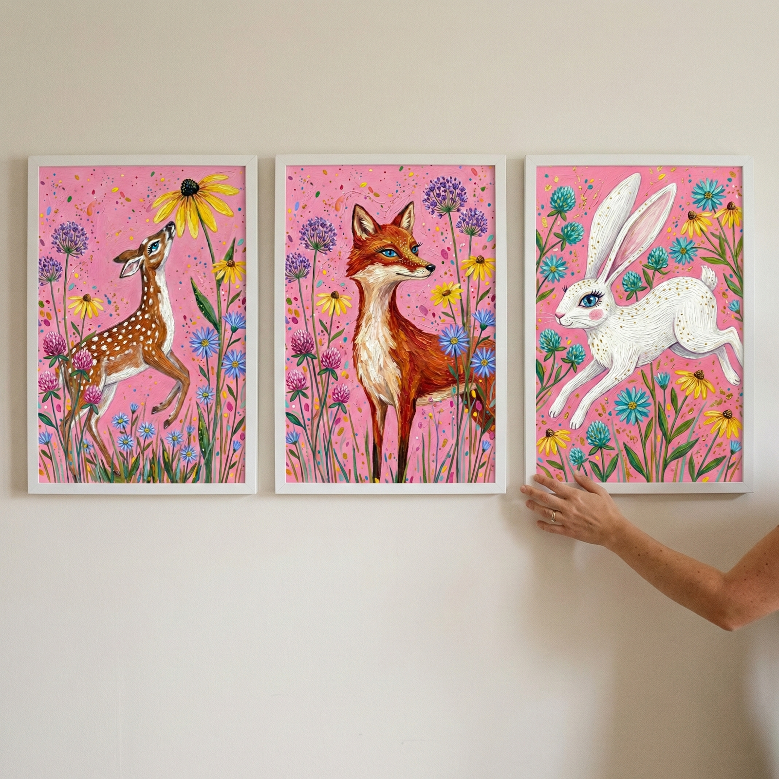 Three rectangular white-framed illustrations hang side-by-side on a light-colored wall. Each artwork features a different animal in a whimsical style against a bright pink background filled with stylized wildflowers. The left piece depicts a small, spotted fawn leaping toward a large yellow flower. The middle artwork shows a red fox standing among tall purple and blue blooms. The right piece illustrates a white rabbit leaping through a field of colorful flowers. 