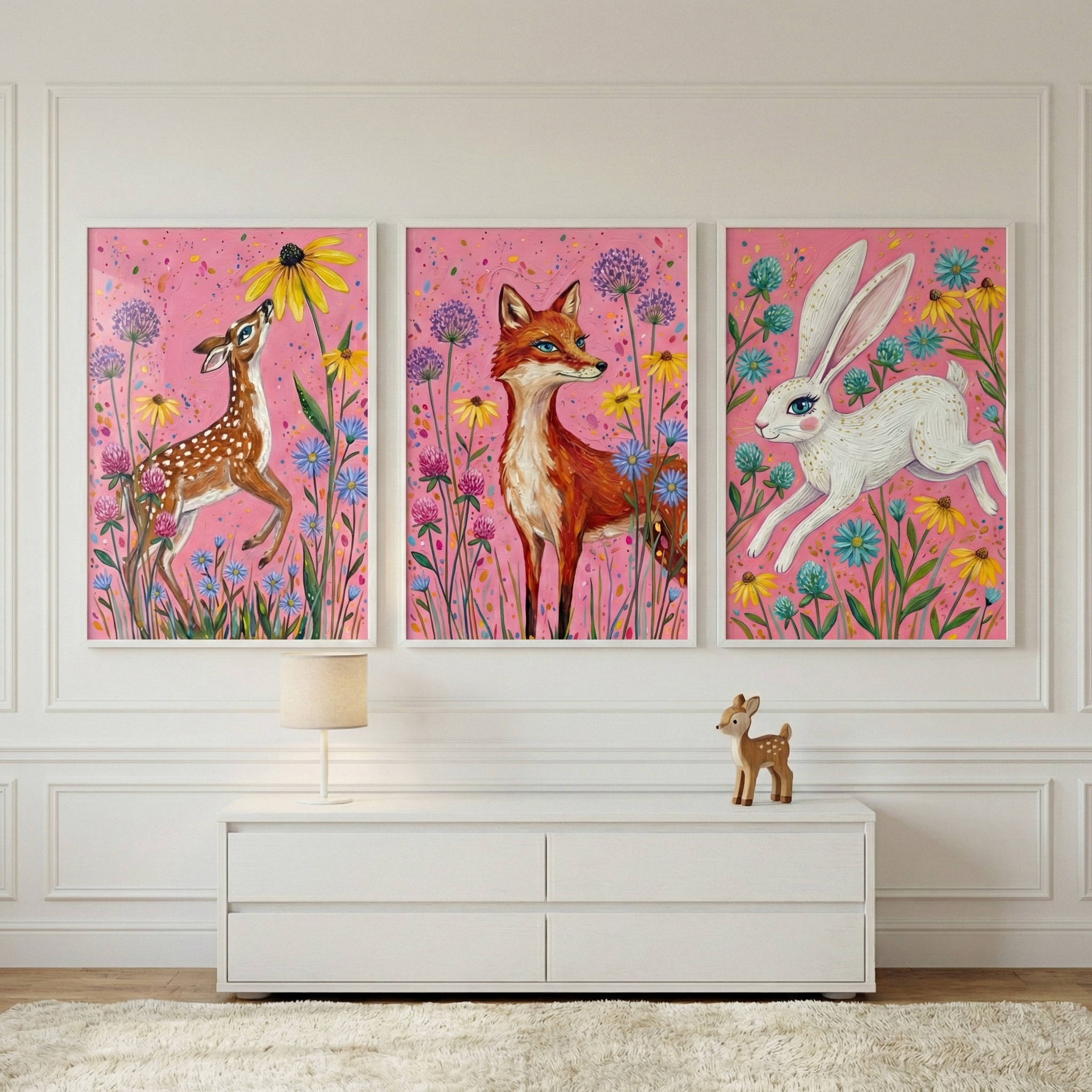 Woodland Animals Art Set of 3 - Vibrant Meadow Magic