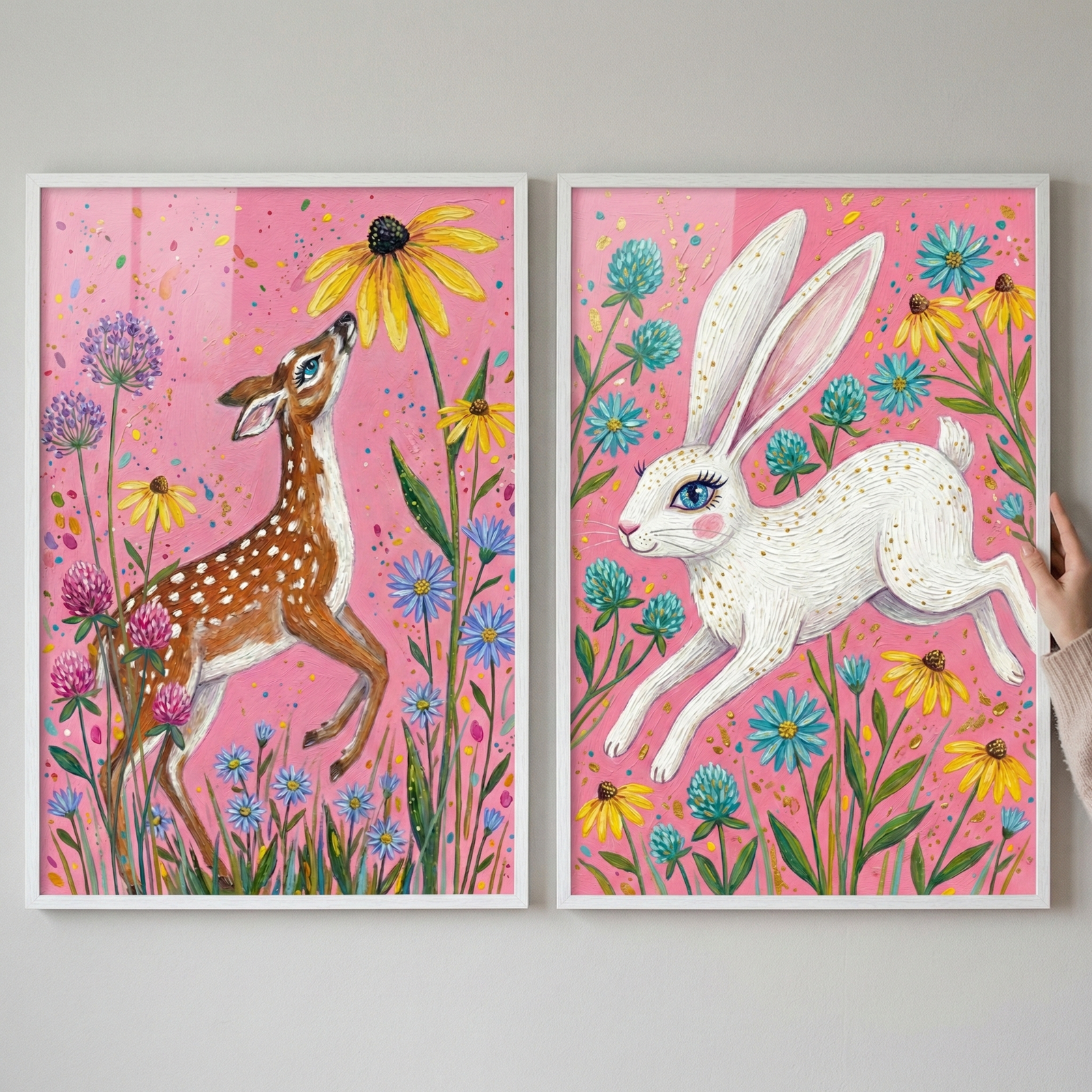Two white-framed artworks hang side-by-side on a wall. Both feature a whimsical style against a bright pink background. The left piece shows a small brown spotted deer reaching up towards a large yellow flower, surrounded by colorful wildflowers in blue and purple. The right piece depicts a white rabbit leaping through a field of yellow and blue flowers. Both scenes are decorated with gold speckles. A hand is visible on the right, adjusting the frame.