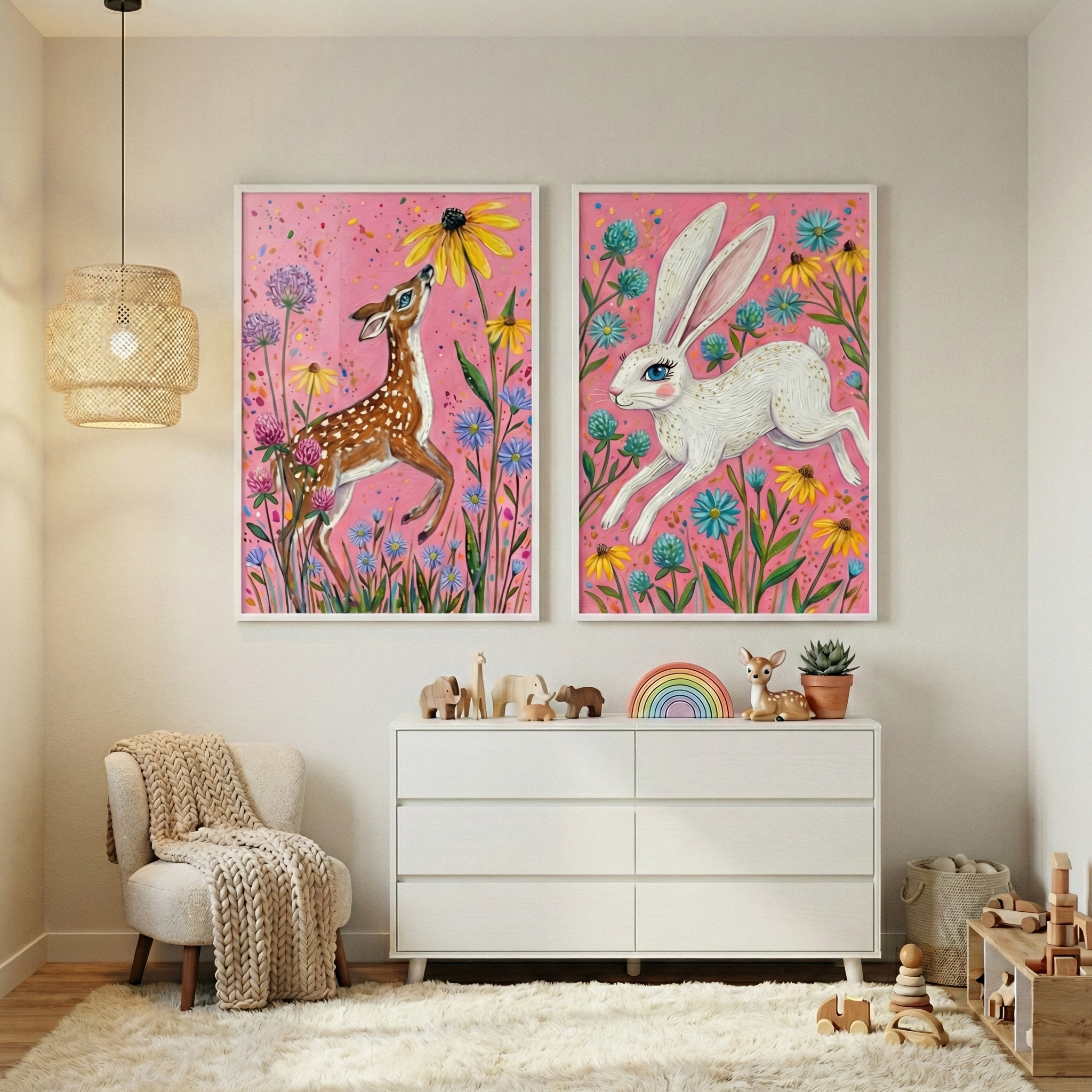 Pink Woodland Kids Room Wall Art Set of 2 - Whimsical Forest Friends