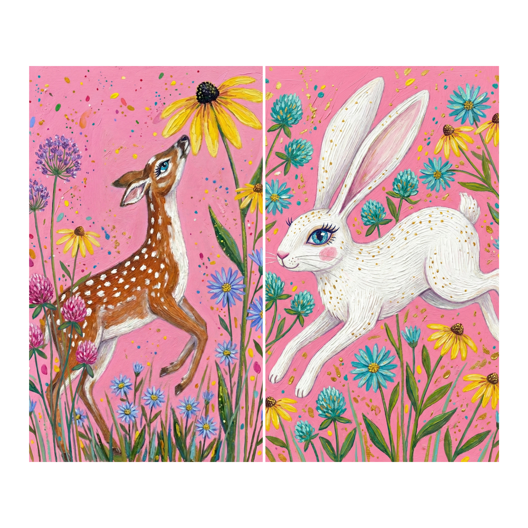 Colorful illustration of a spotted fawn standing among wildflowers and reaching its nose toward a tall yellow coneflower against a bright pink background. Beside it a white rabbit with long ears leaps through a field of blue and yellow flowers with gold speckles scattered across the pink sky.