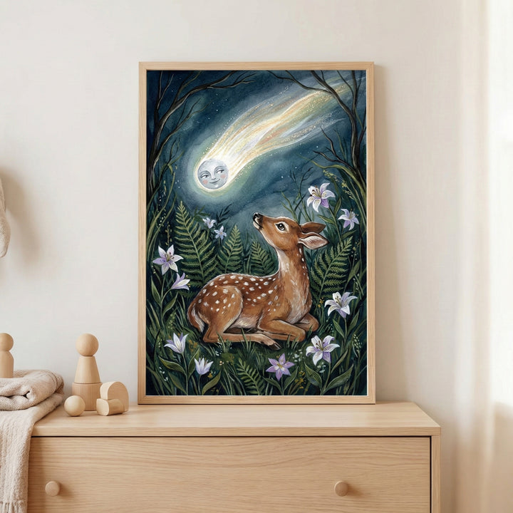 A framed piece of artwork hangs on a neutral-colored wall above a light-wood dresser in a child's room. The illustration depicts a young, spotted deer resting peacefully in a lush, dark forest clearing filled with green ferns and white lilies. The deer gazes upward toward a whimsical, glowing moon with a gentle face that travels across the night sky like a comet, trailing a long, shimmering wake of light. In the foreground, on top of the dresser, are a few simple wooden peg toys and a folded soft blanket.