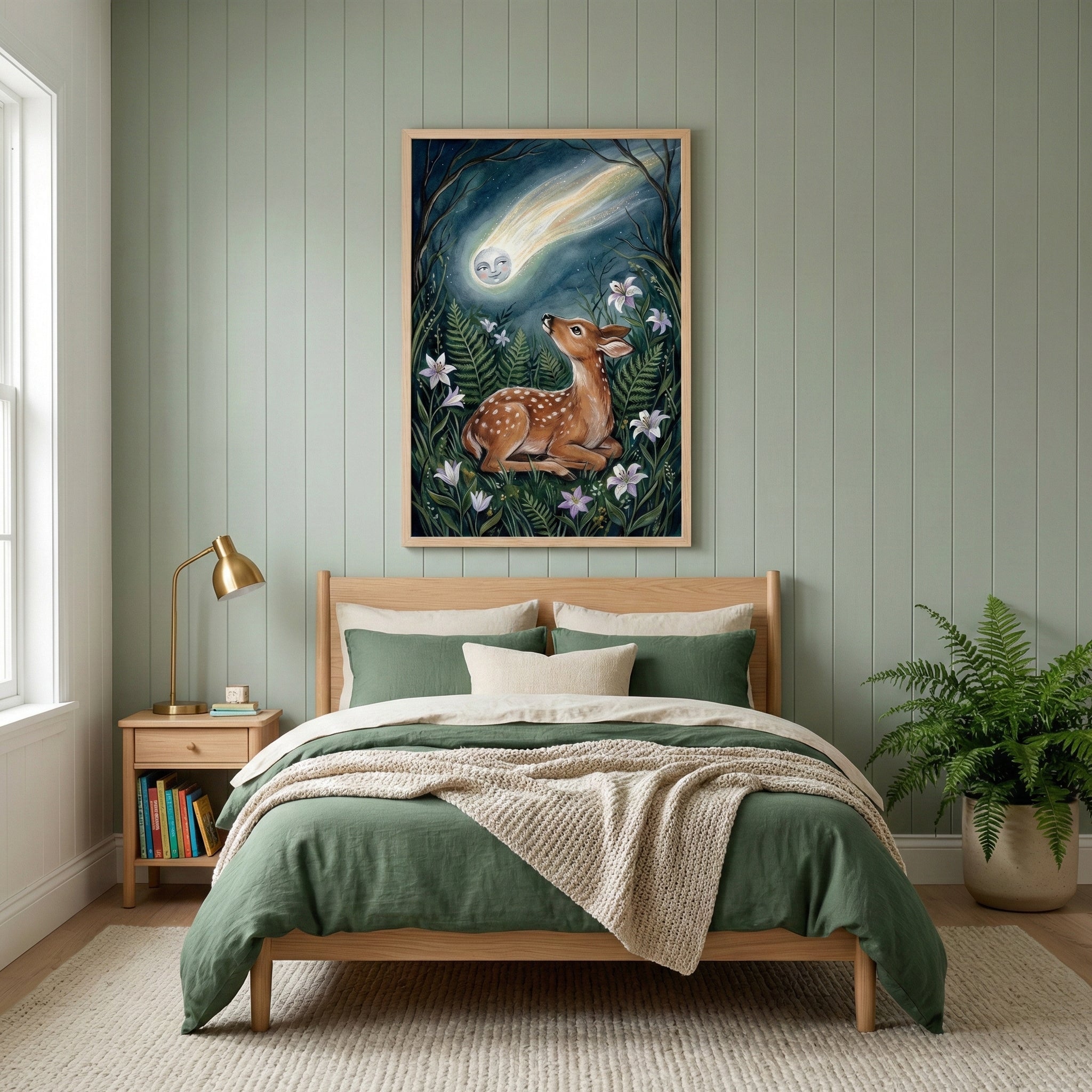 An elegantly styled bedroom features sage green vertical wood-paneled walls and a light wood bed. Above the bed hangs a framed vertical illustration depicting a small, spotted fawn resting in a dark, lush forest filled with ferns and white lilies. In the deep blue night sky above, a bright comet with a gentle, smiling face on its moon-like head streaks across. The bed is dressed in layers of sage green and beige linens with a thick, cream-colored knit throw draped over the end. To the left, a matching woode