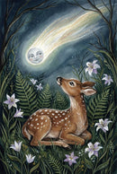 Whimsical watercolor illustration of a young fawn lying peacefully in a moonlit forest clearing, surrounded by ferns and soft purple lilies. Above the fawn, a glowing comet with a gentle, smiling face streaks across the night sky, casting a golden light. The fawn looks up in wonder, creating a magical and serene atmosphere perfect for nursery decor.