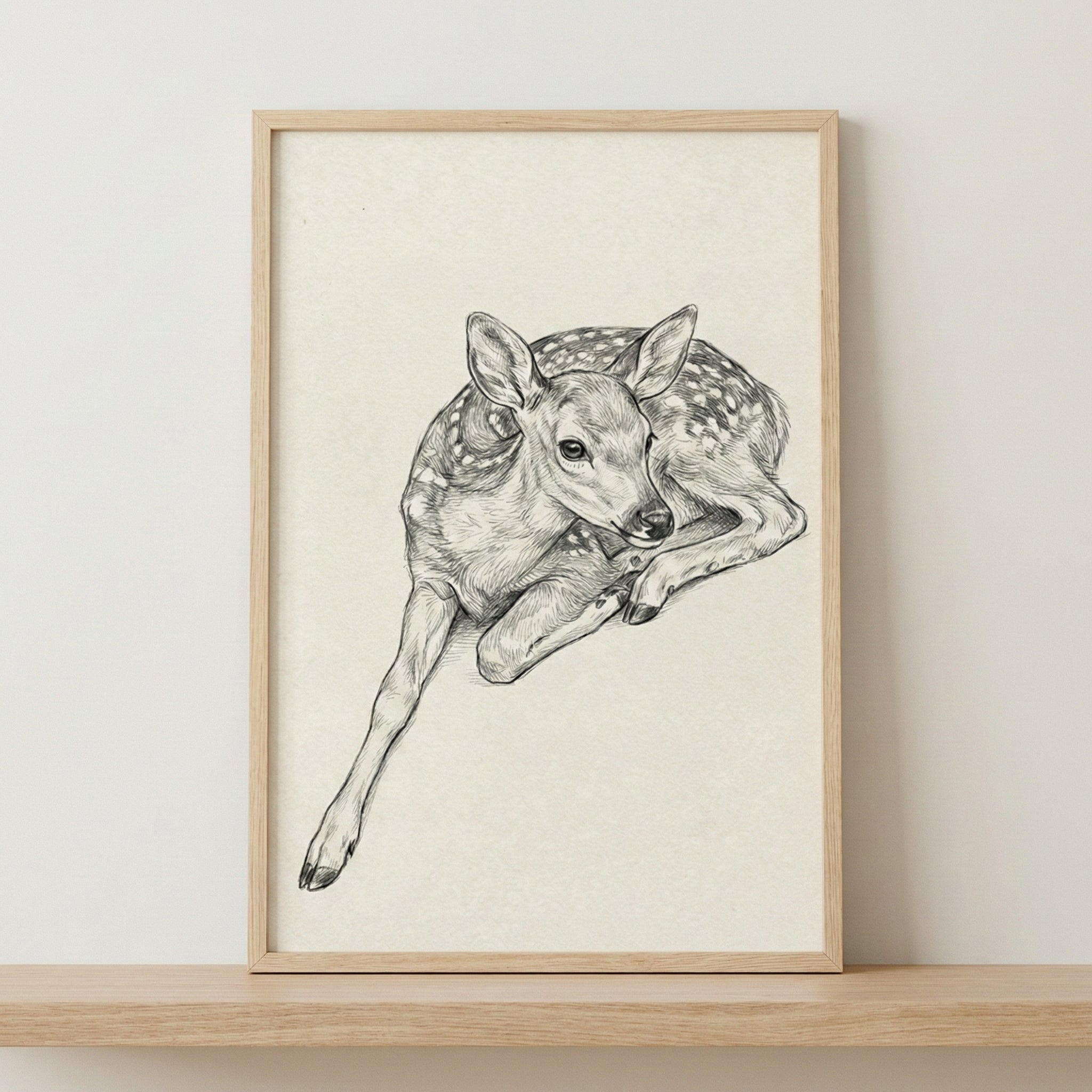 A framed black and white pencil sketch of a spotted fawn lying down. The art piece is in a simple light wood frame, positioned on a wooden shelf against a plain, off-white wall.