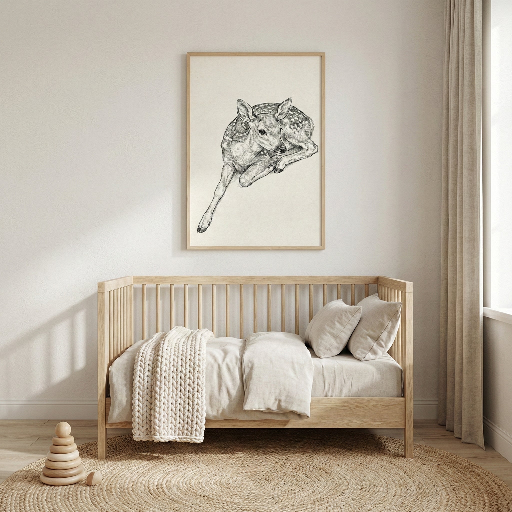 A minimalist nursery featuring a light wood bed with neutral cream linens and a chunky knit blanket. Above the bed hangs a framed black and white sketch of a baby deer against a plain wall. A round jute rug is on the floor with a wooden stacking toy, all illuminated by soft natural light.