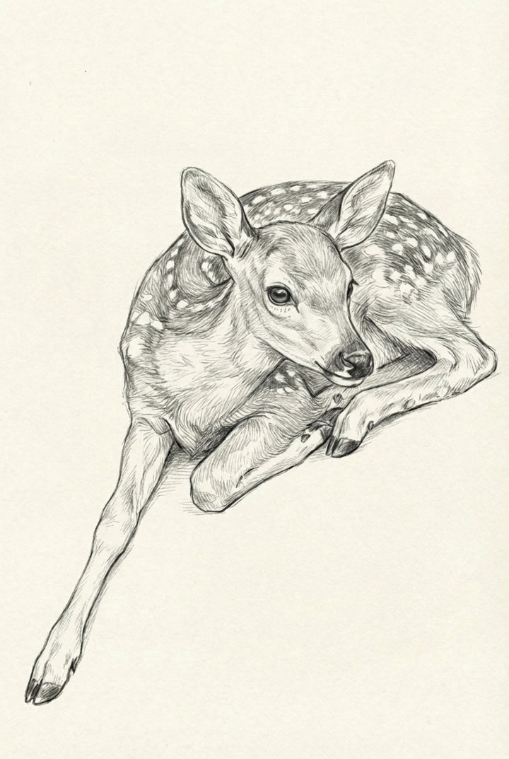 Detailed pencil drawing of a young fawn with white spots, lying down with its long legs folded and ears perked up attentively.