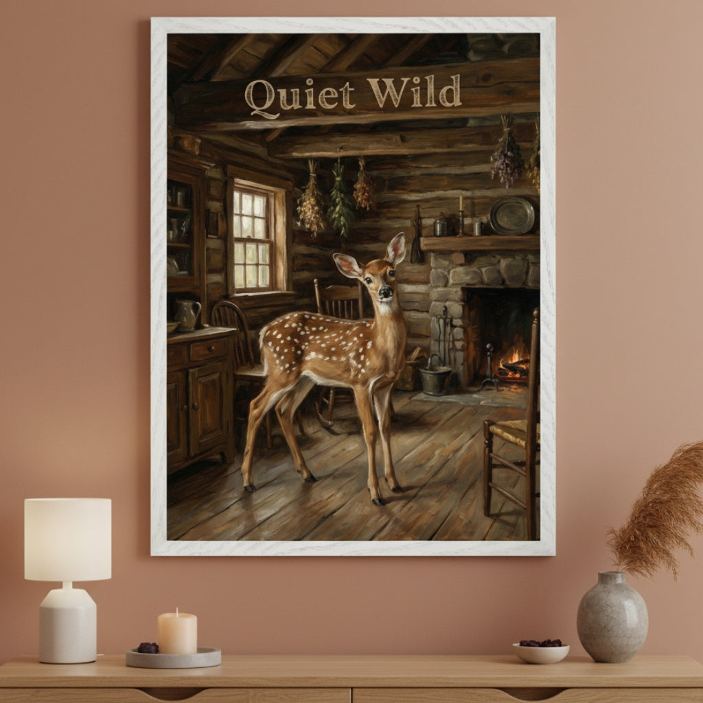 Room with a warm brown wall and a wooden console table. A large framed painting hangs centered above the console. The painting depicts a spotted fawn inside a rustic log cabin with a fireplace and the words 'Quiet Wild'.