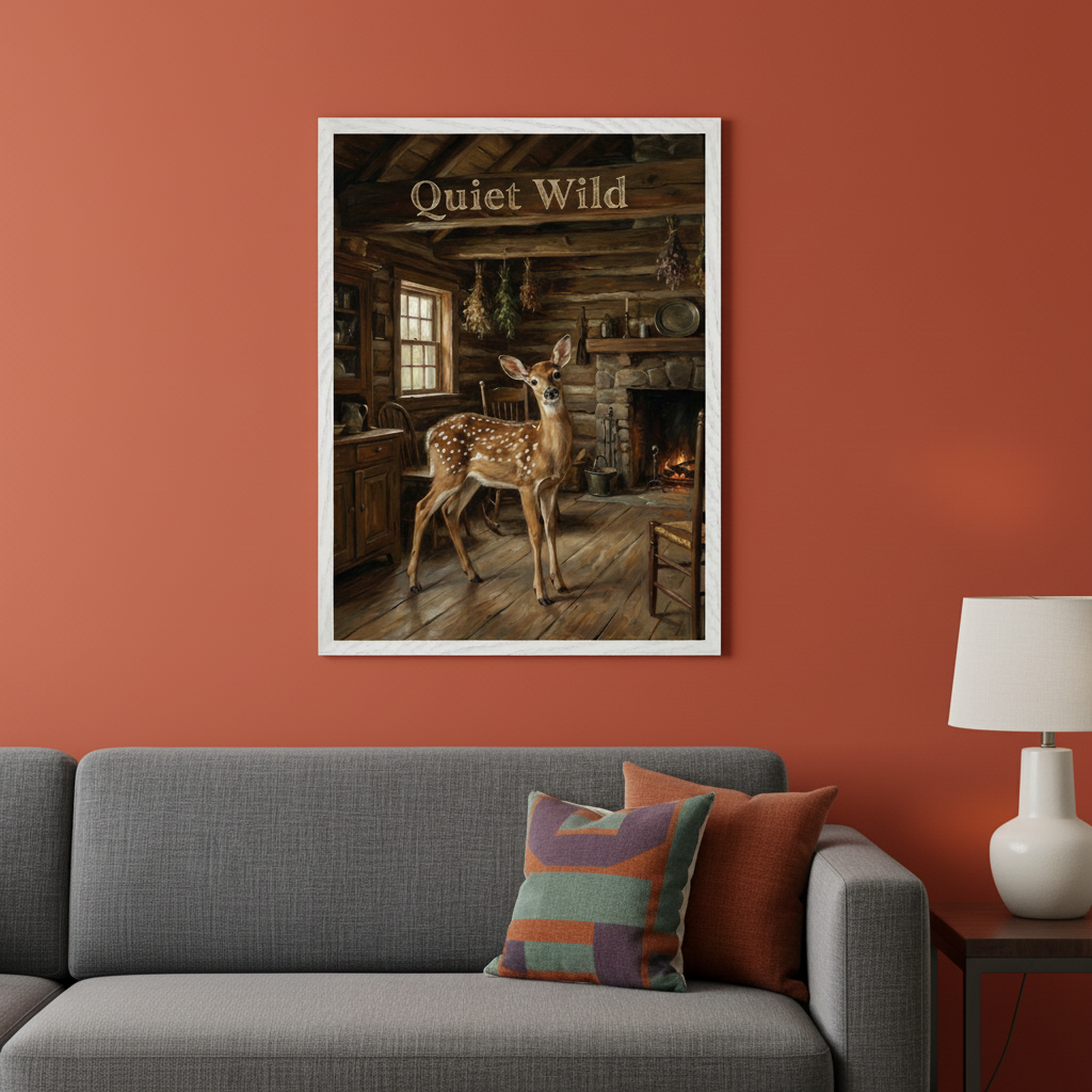 Modern living room with a grey sofa and a side table with a lamp. A large framed painting of a fawn in a rustic log cabin with a fireplace, titled "Quiet Wild," hangs centered above the sofa.