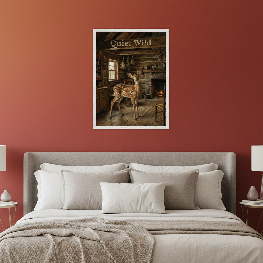Bedroom with a gray upholstered bed and two bedside tables. A framed painting of a fawn in a rustic log cabin interior with "Quiet Wild" text hangs above the bed.