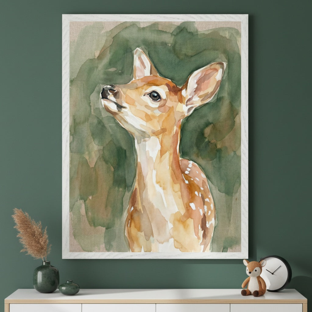 Modern room with a dark green wall and white dresser. A large, framed watercolor painting of a fawn looking up against a green abstract background hangs centered above the dresser. A vase with dried grass, a small bowl, a fawn toy, and a clock are on the dresser.