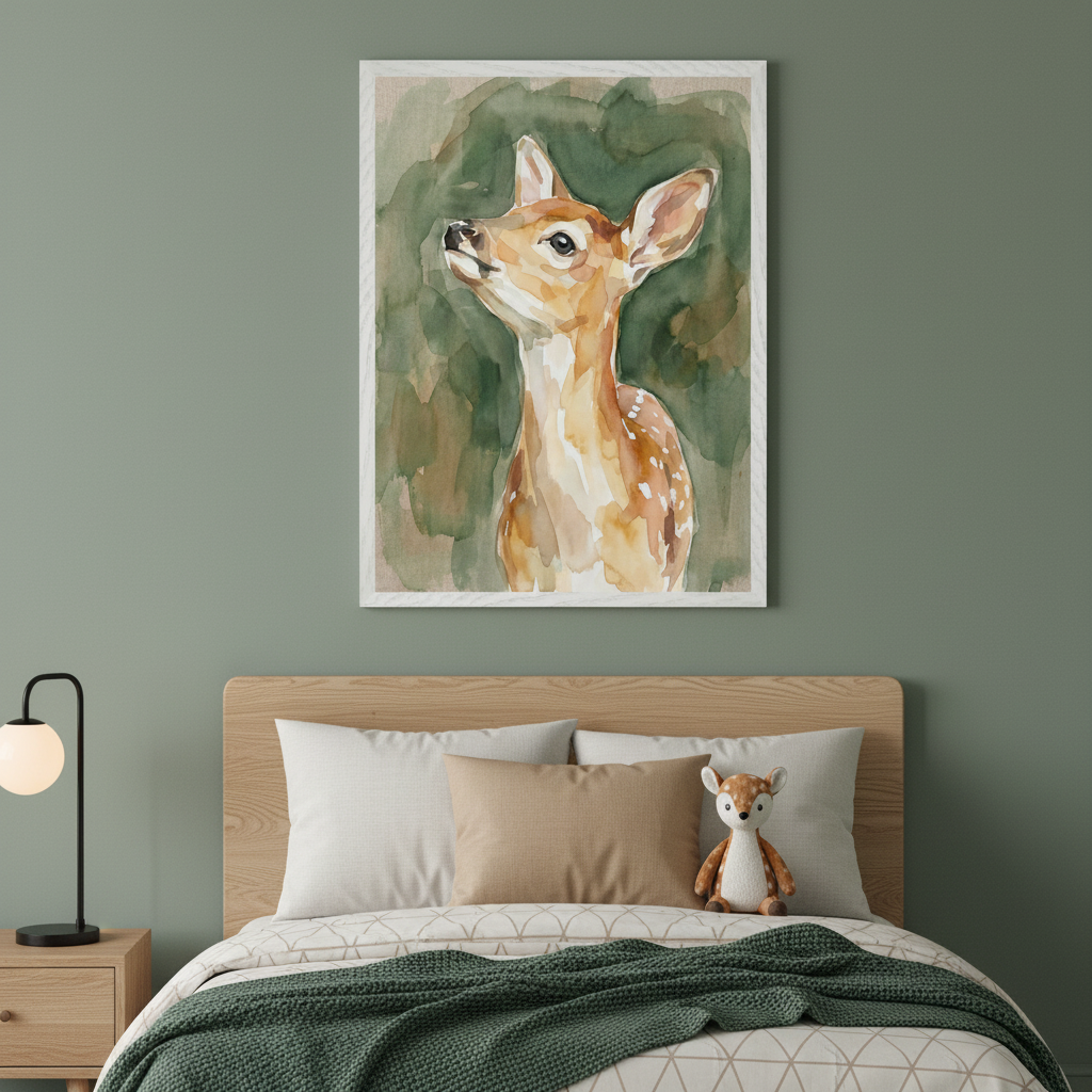 Modern bedroom with a wooden bed. A framed watercolor painting of a fawn looking up, against a green background, hangs centered above the bed. A deer plushie is on the bed, and a lamp is on a nightstand.