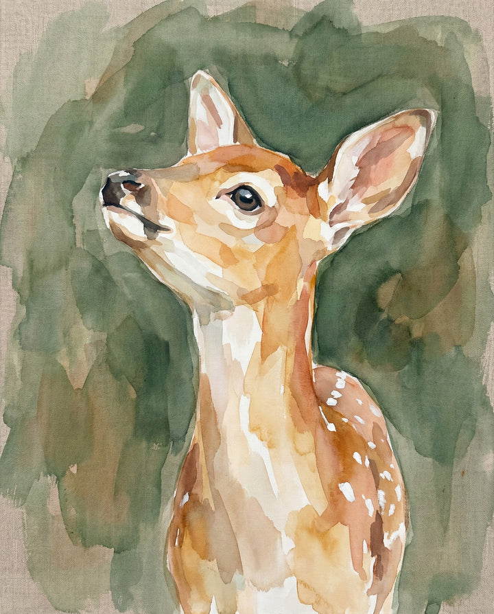 Delicate watercolor painting of a young deer with alert ears and soft brown and white tones looking upward against a green forest-toned background evoking innocence and woodland beauty
