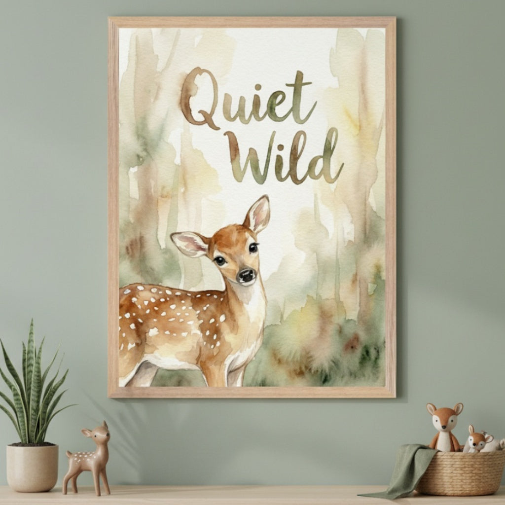 Woodland nursery with a green wall and a light wood shelf. A framed watercolor print showing a fawn and "Quiet Wild" text hangs above the shelf. On the shelf: a snake plant, a wooden deer figurine, and a basket of plush deer toys.